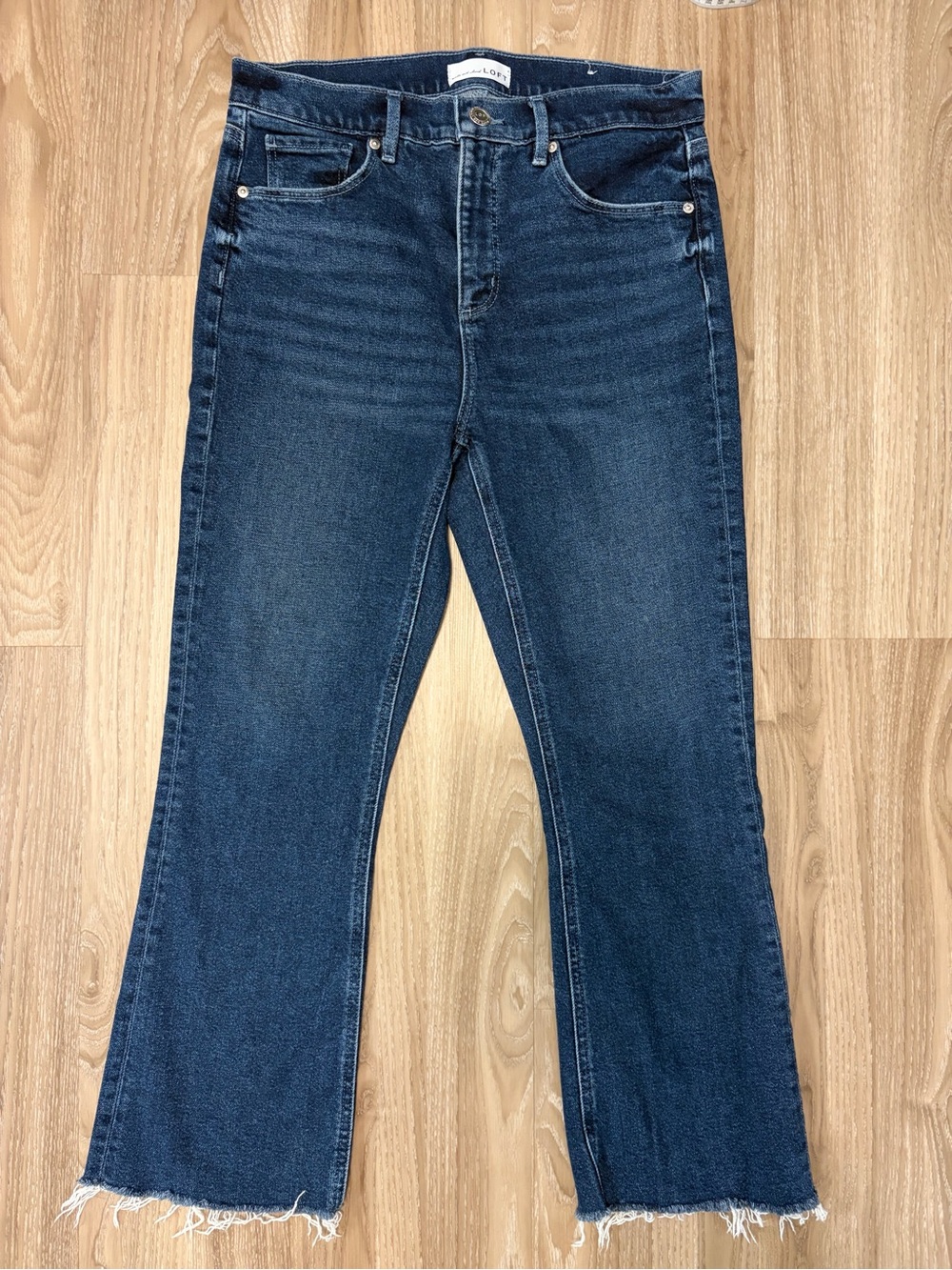 LOFT Womens Size  8/ 29 High Waist Flare Jeans Raw Hem Dark Wash Stretch